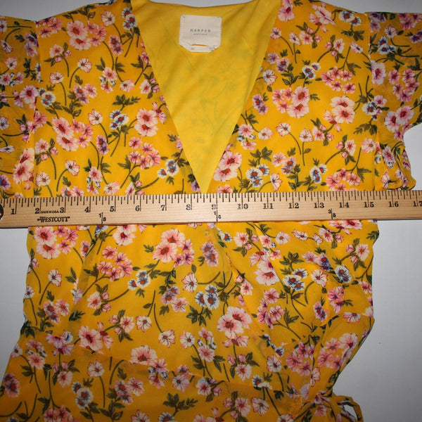 Harper Heritage Sz M Mustard Yellow Multi Floral Lined 100% Polyester Wrap Dress