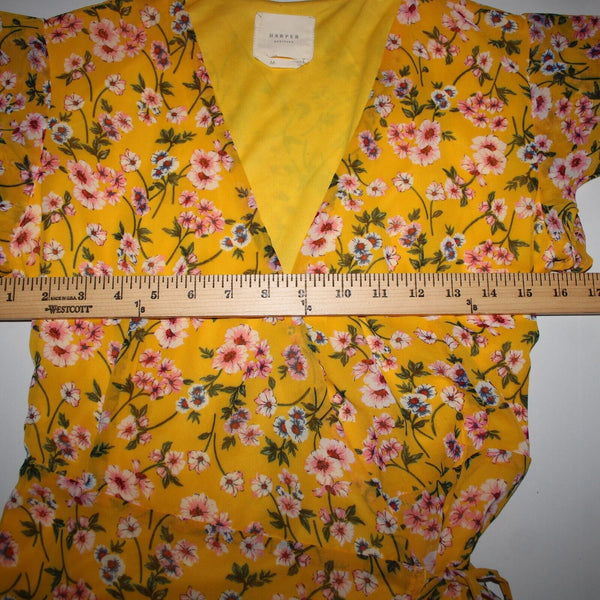 Harper Heritage Sz M Mustard Yellow Multi Floral Lined 100% Polyester Wrap Dress
