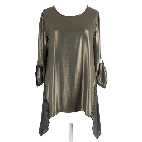 Chicos Sz 0 Olive Iridescent Lace Accent Tab Sleeve Asymmetric Poly Woven Top