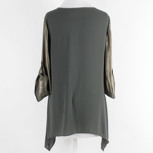 Chicos Sz 0 Olive Iridescent Lace Accent Tab Sleeve Asymmetric Poly Woven Top