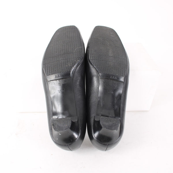 Ferragamo 1" Heels Sz 37.5 Black Bow Detail Square Toe Leather Kitten 1" Heels
