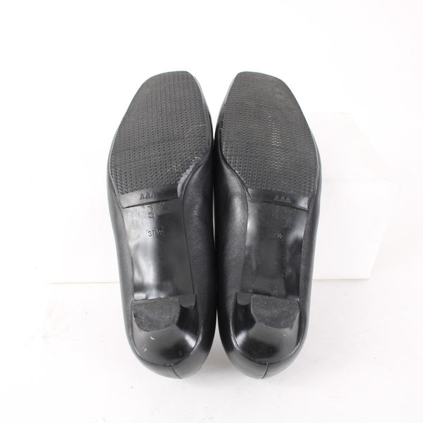 Ferragamo 1" Heels Sz 37.5 Black Bow Detail Square Toe Leather Kitten 1" Heels