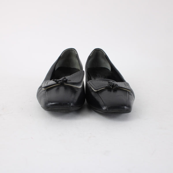 Ferragamo 1" Heels Sz 37.5 Black Bow Detail Square Toe Leather Kitten 1" Heels
