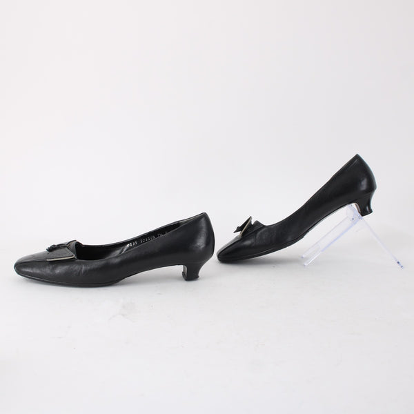 Ferragamo 1" Heels Sz 37.5 Black Bow Detail Square Toe Leather Kitten 1" Heels