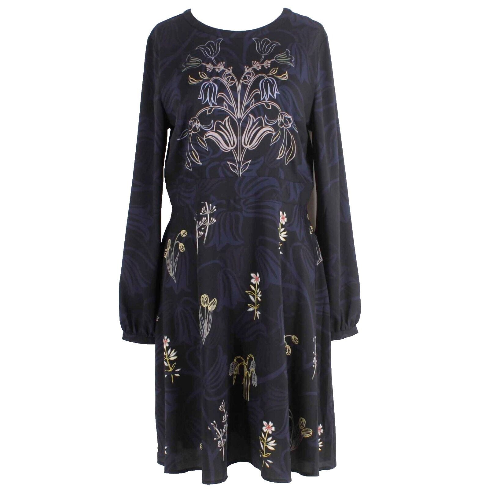 Ann Taylor Loft Sz 8 Navy Black Multicolor Floral Design 100% Polyester Dress