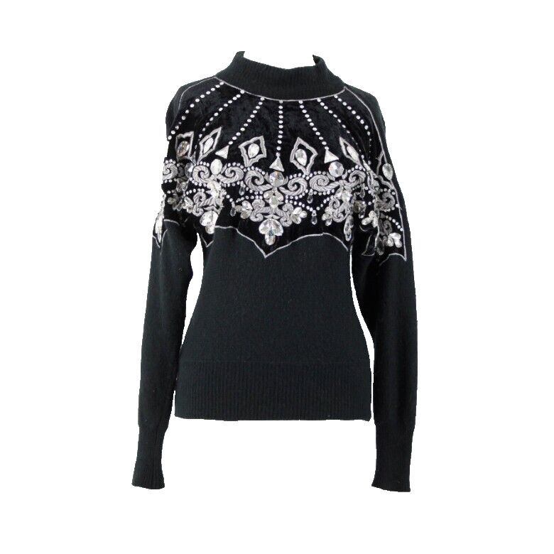Erez Sz S Black Rhinestone Sequin Embroid Lambswool Rabbit Hair AS IS Sweater