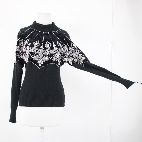 Erez Sz S Black Rhinestone Sequin Embroid Lambswool Rabbit Hair AS IS Sweater