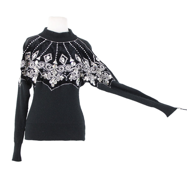Erez Sz S Black Rhinestone Sequin Embroid Lambswool Rabbit Hair AS IS Sweater