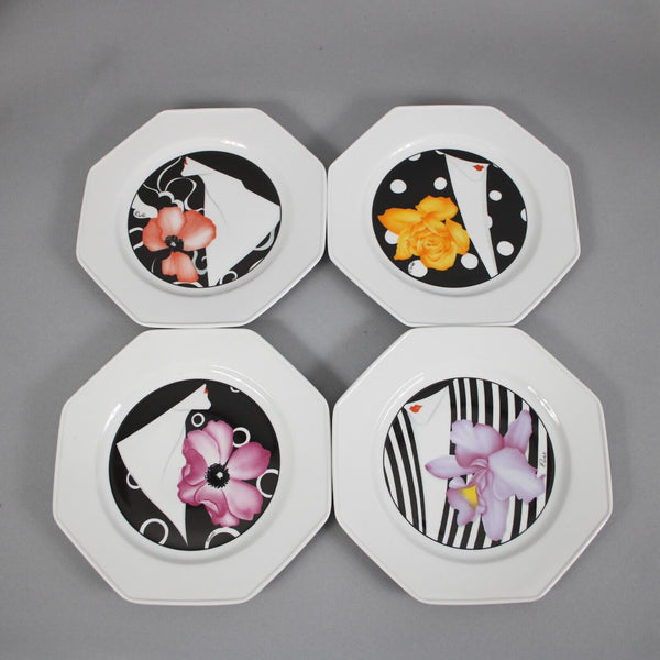 Rochard Limoges Set Of 4 White Black Flowers Woman's Faces 8" Dessert Plates