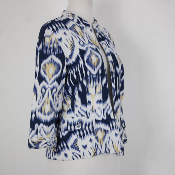 Chicos Sz 0 Blue White Yellow Collared Unlined Linen Rayon Wrap Sweater Jacket