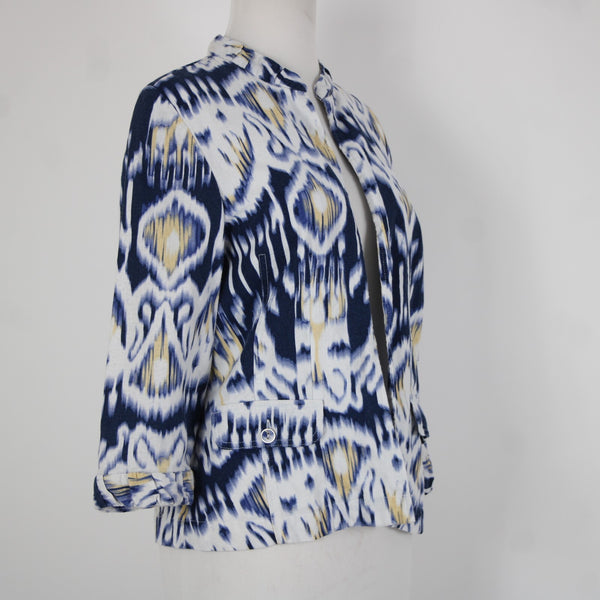 Chicos Sz 0 Blue White Yellow Collared Unlined Linen Rayon Wrap Sweater Jacket