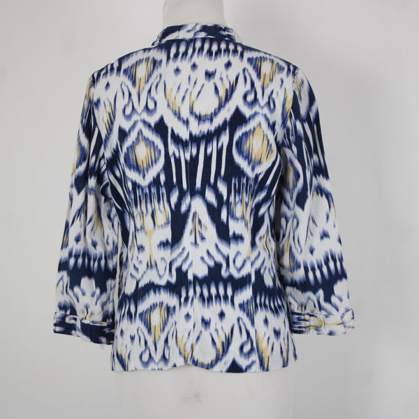 Chicos Sz 0 Blue White Yellow Collared Unlined Linen Rayon Wrap Sweater Jacket