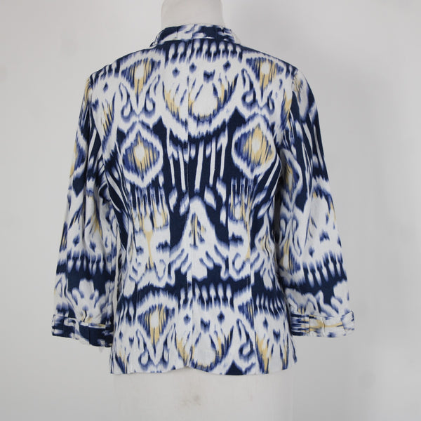 Chicos Sz 0 Blue White Yellow Collared Unlined Linen Rayon Wrap Sweater Jacket