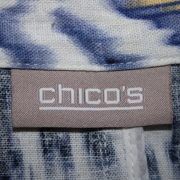 Chicos Sz 0 Blue White Yellow Collared Unlined Linen Rayon Wrap Sweater Jacket