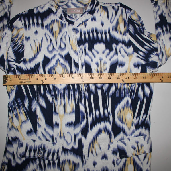 Chicos Sz 0 Blue White Yellow Collared Unlined Linen Rayon Wrap Sweater Jacket