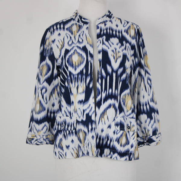 Chicos Sz 0 Blue White Yellow Collared Unlined Linen Rayon Wrap Sweater Jacket