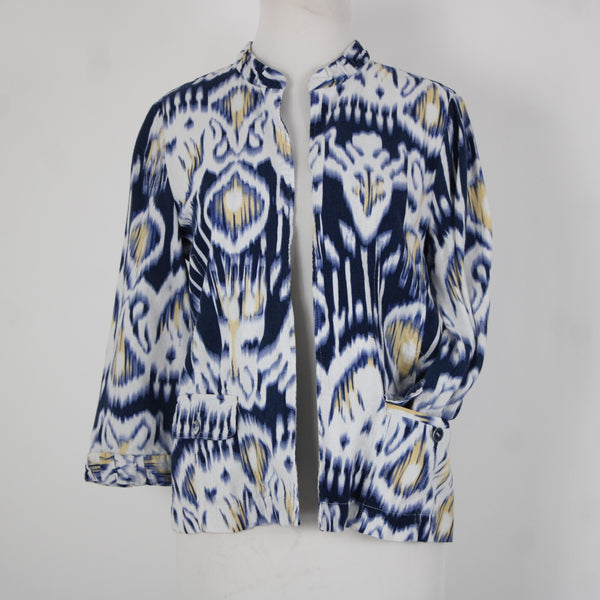 Chicos Sz 0 Blue White Yellow Collared Unlined Linen Rayon Wrap Sweater Jacket