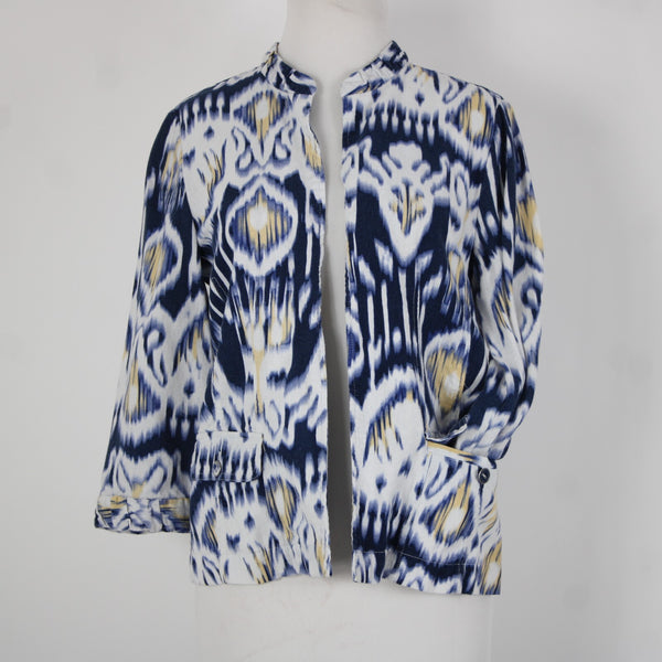 Chicos Sz 0 Blue White Yellow Collared Unlined Linen Rayon Wrap Sweater Jacket
