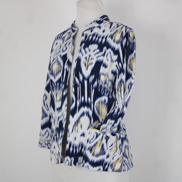 Chicos Sz 0 Blue White Yellow Collared Unlined Linen Rayon Wrap Sweater Jacket
