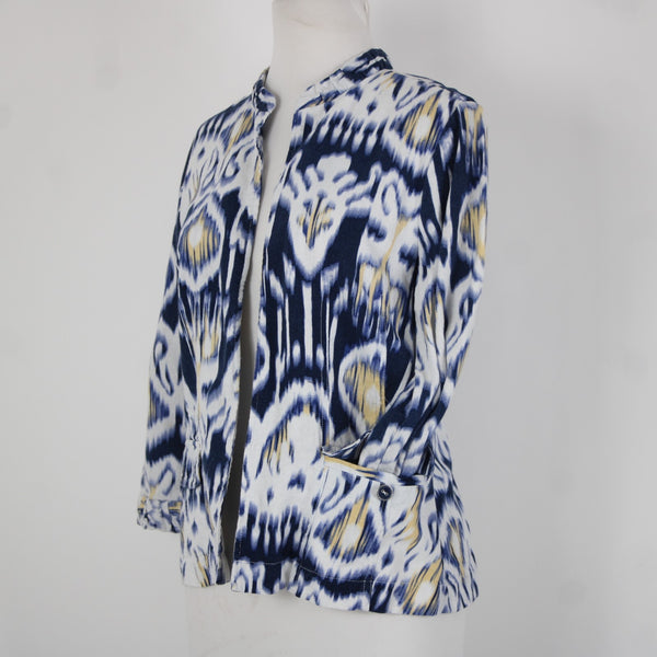Chicos Sz 0 Blue White Yellow Collared Unlined Linen Rayon Wrap Sweater Jacket