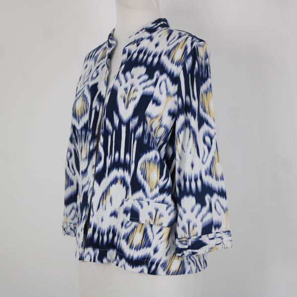 Chicos Sz 0 Blue White Yellow Collared Unlined Linen Rayon Wrap Sweater Jacket