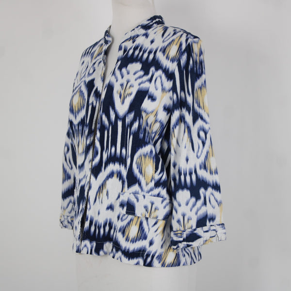 Chicos Sz 0 Blue White Yellow Collared Unlined Linen Rayon Wrap Sweater Jacket