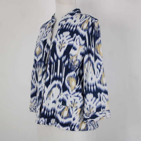Chicos Sz 0 Blue White Yellow Collared Unlined Linen Rayon Wrap Sweater Jacket