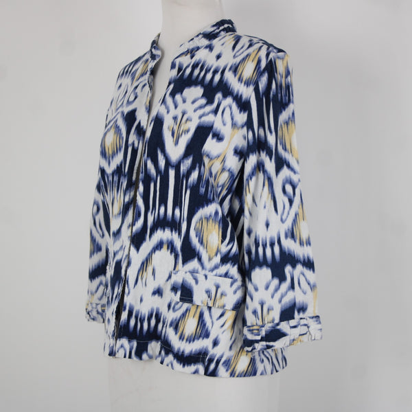 Chicos Sz 0 Blue White Yellow Collared Unlined Linen Rayon Wrap Sweater Jacket