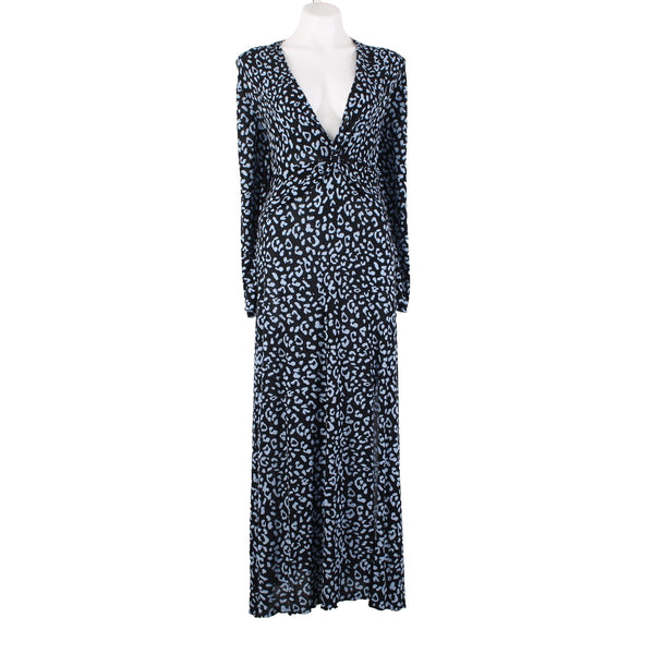 Rixo Dress NEW Sz L Black Blue Animal Print V Neck Maxi Silk Viscose Dress