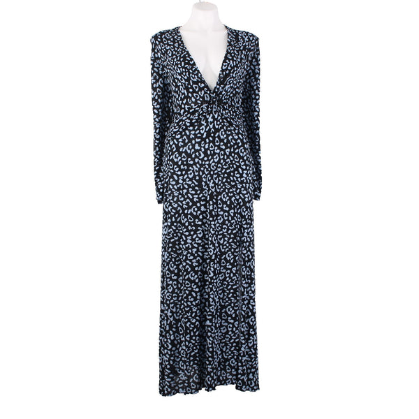 Rixo Dress NEW Sz L Black Blue Animal Print V Neck Maxi Silk Viscose Dress