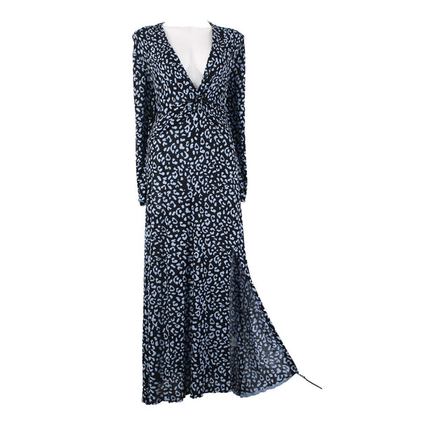 Rixo Dress NEW Sz L Black Blue Animal Print V Neck Maxi Silk Viscose Dress