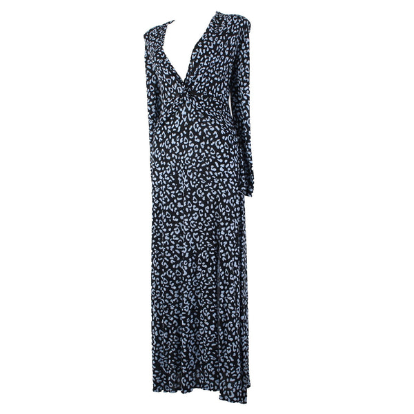 Rixo Dress NEW Sz L Black Blue Animal Print V Neck Maxi Silk Viscose Dress
