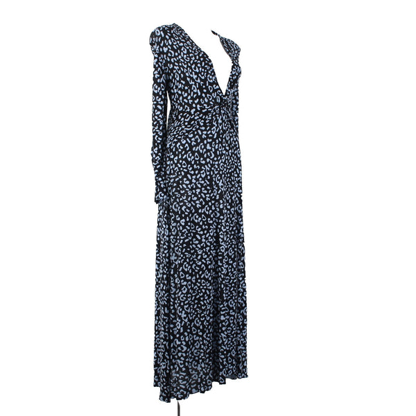 Rixo Dress NEW Sz L Black Blue Animal Print V Neck Maxi Silk Viscose Dress