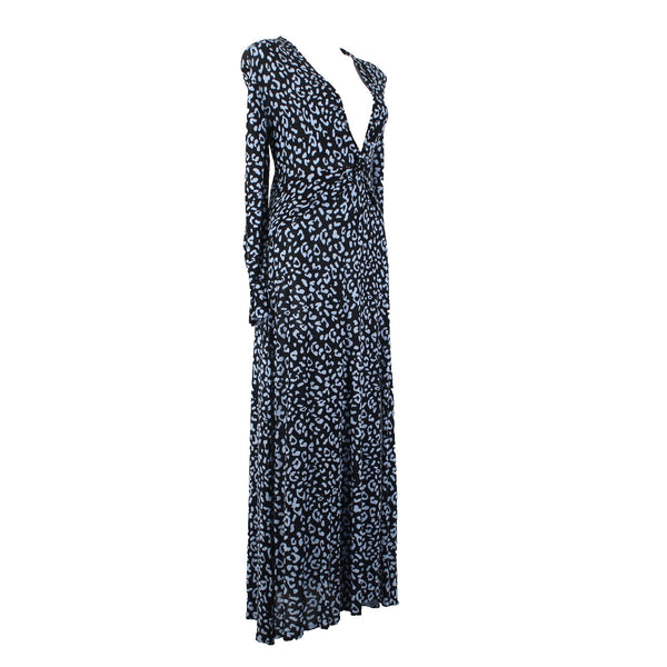 Rixo Dress NEW Sz L Black Blue Animal Print V Neck Maxi Silk Viscose Dress