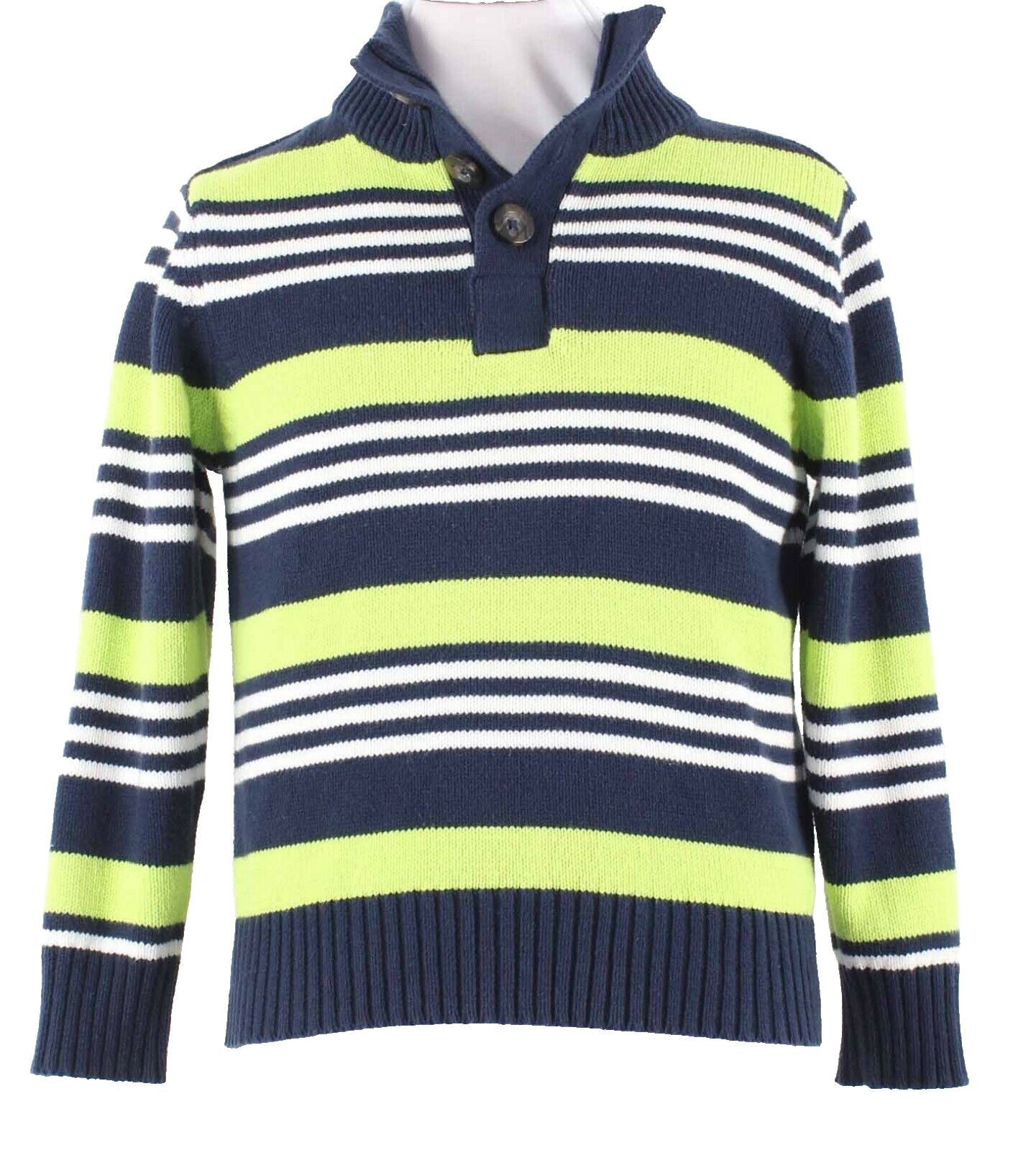 Place Sz XS Sz 4 Navy Blue White Neon Lime Stripe Cotton Blend Boys Sweater