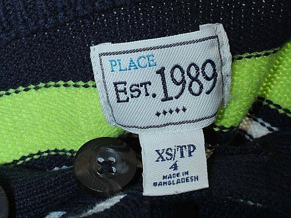Place Sz XS Sz 4 Navy Blue White Neon Lime Stripe Cotton Blend Boys Sweater