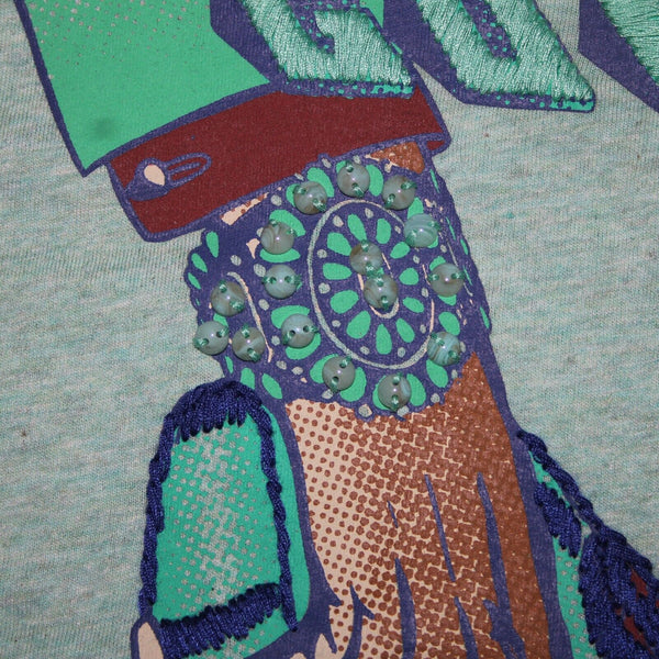 Double D Ranch Sz M Aqua Blue Multi Color Embroid Beaded V Neck 100% Cotton Top