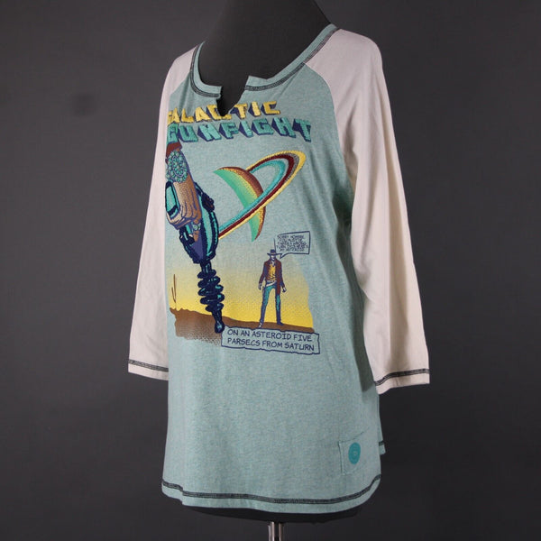 Double D Ranch Sz M Aqua Blue Multi Color Embroid Beaded V Neck 100% Cotton Top
