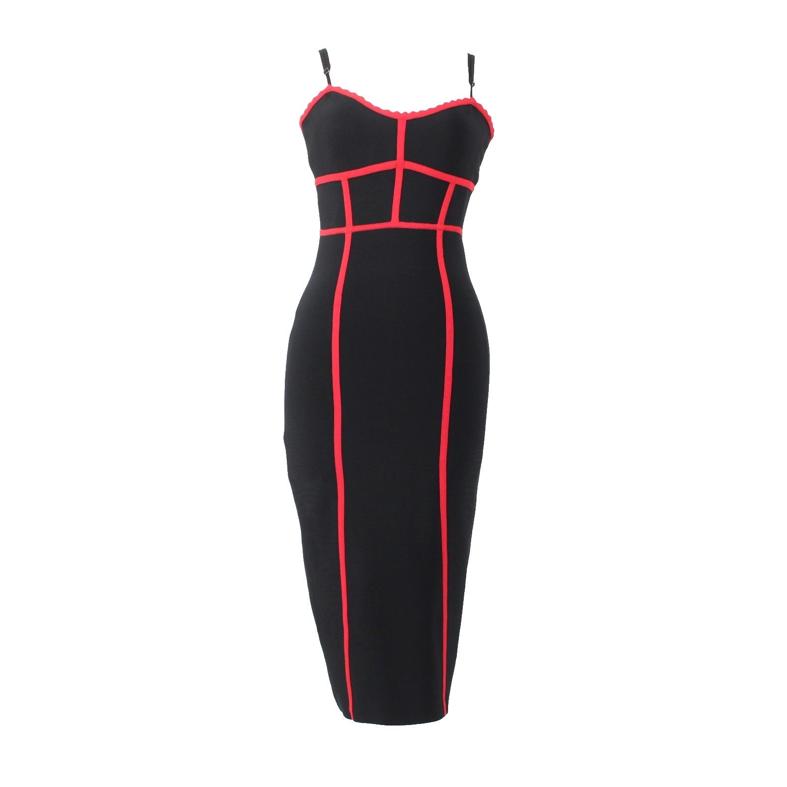 BCBG NEW $328 Sz M Black Red Body Conscious Rayon Nylon Spandex Midi Dress