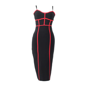 BCBG NEW $328 Sz M Black Red Body Conscious Rayon Nylon Spandex Midi Dress