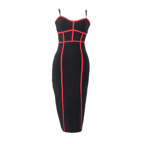 BCBG NEW $328 Sz M Black Red Body Conscious Rayon Nylon Spandex Midi Dress