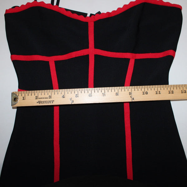 BCBG NEW $328 Sz M Black Red Body Conscious Rayon Nylon Spandex Midi Dress
