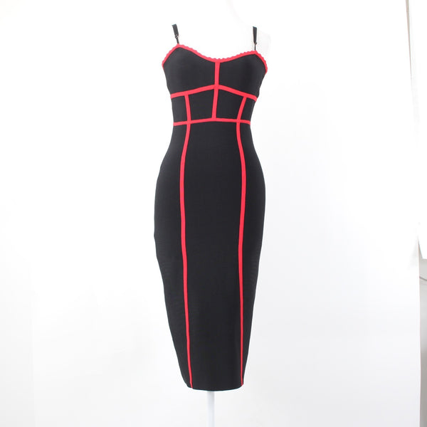 BCBG NEW $328 Sz M Black Red Body Conscious Rayon Nylon Spandex Midi Dress
