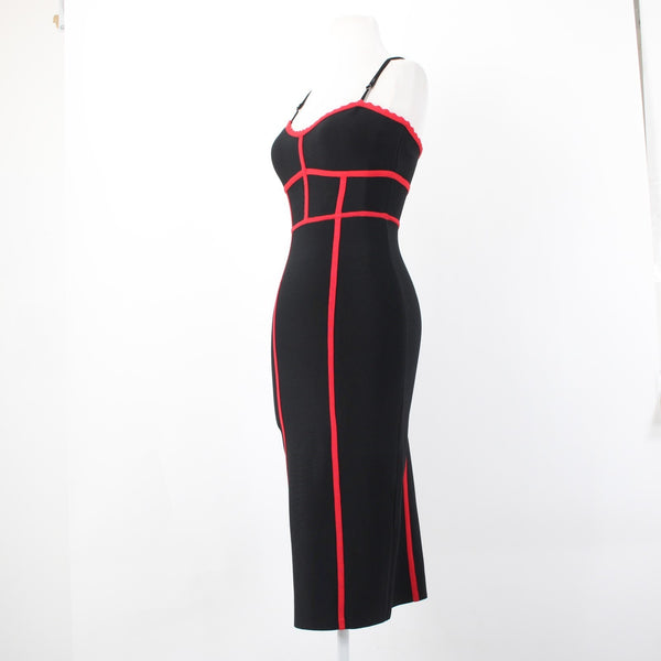 BCBG NEW $328 Sz M Black Red Body Conscious Rayon Nylon Spandex Midi Dress