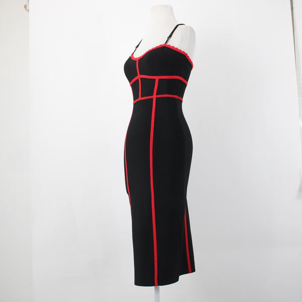 BCBG NEW $328 Sz M Black Red Body Conscious Rayon Nylon Spandex Midi Dress