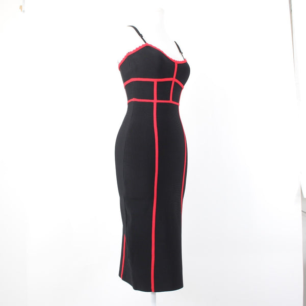 BCBG NEW $328 Sz M Black Red Body Conscious Rayon Nylon Spandex Midi Dress