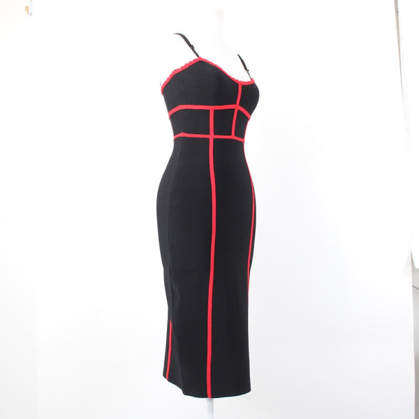 BCBG NEW $328 Sz M Black Red Body Conscious Rayon Nylon Spandex Midi Dress