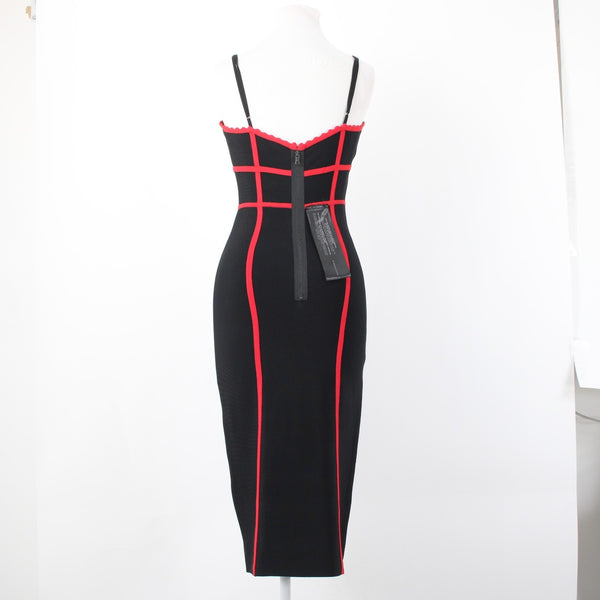 BCBG NEW $328 Sz M Black Red Body Conscious Rayon Nylon Spandex Midi Dress