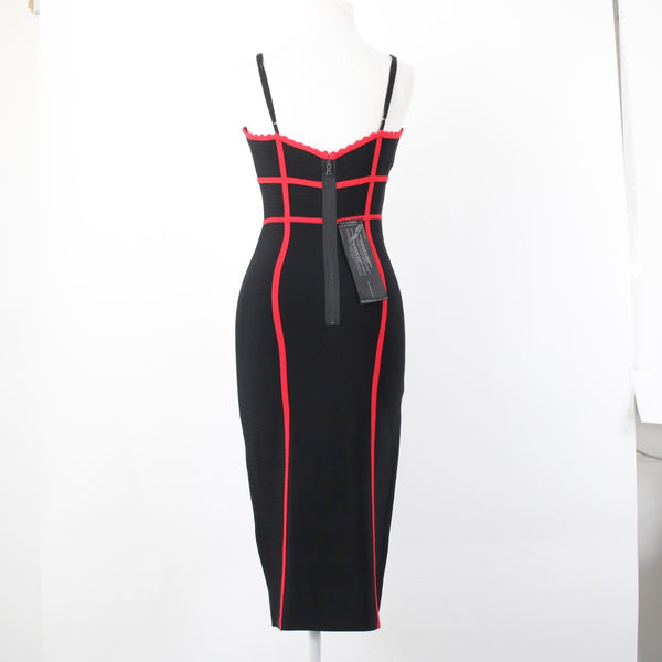 BCBG NEW $328 Sz M Black Red Body Conscious Rayon Nylon Spandex Midi Dress