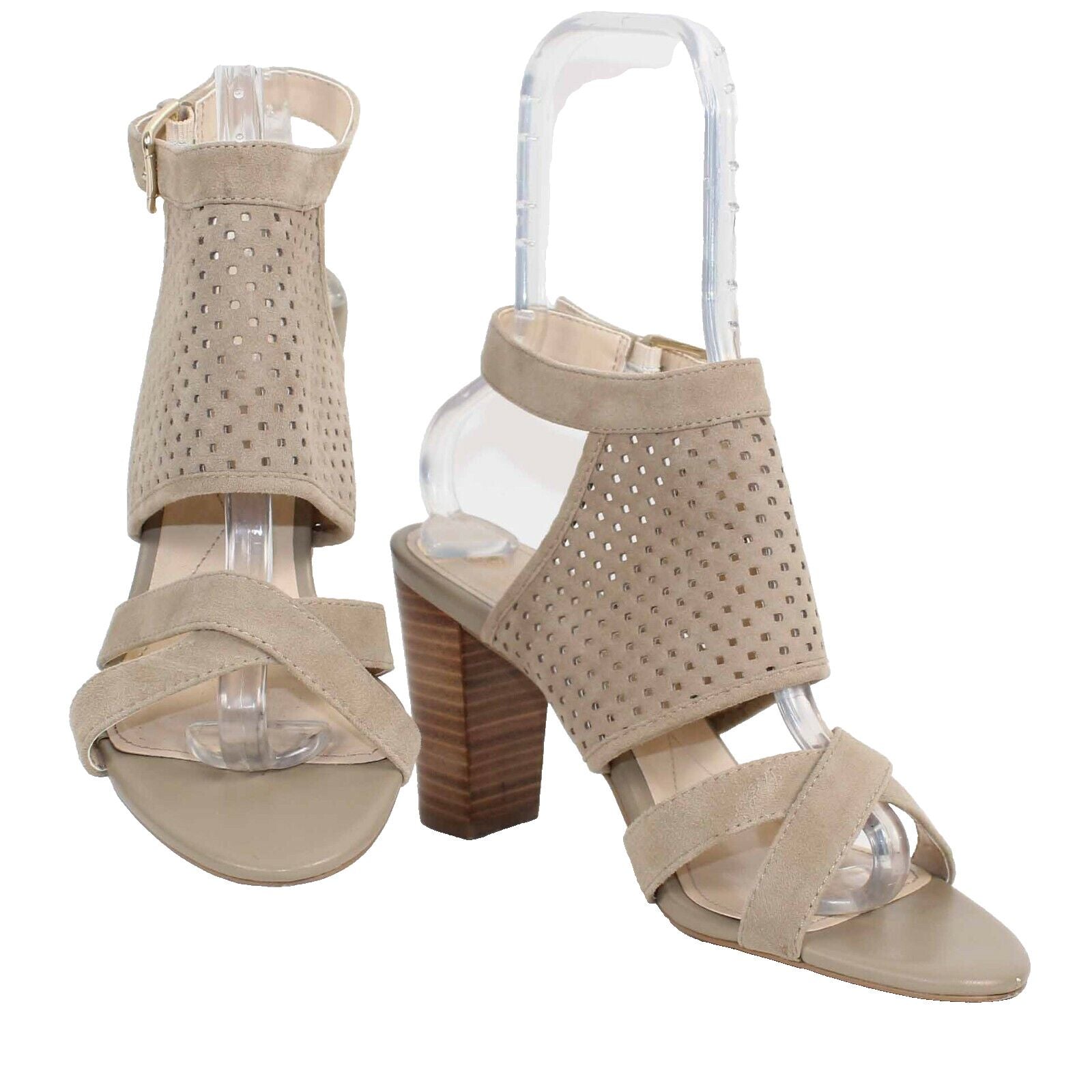Isola Sz 9.5 Tan High Heel Slingback Strappy Perforated Suede Sandal
